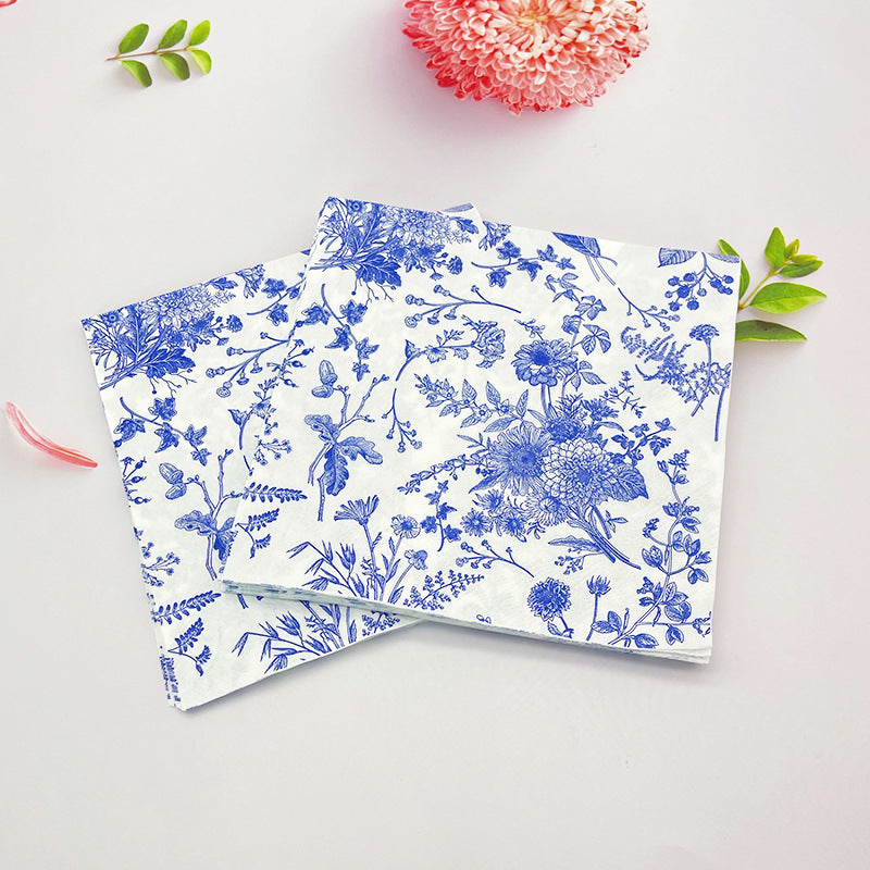 20 Pcs Paper Beverage Napkins 2 Ply White/Blue with French Toile Print 6.5"x6.5"