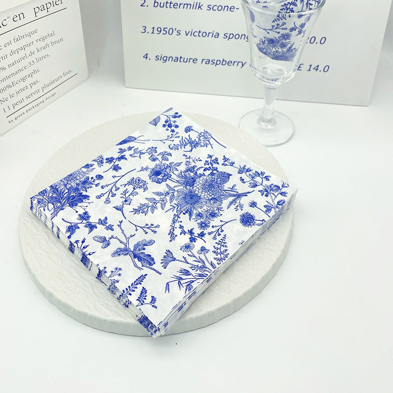 20 Pcs Paper Beverage Napkins 2 Ply White/Blue with French Toile Print 6.5"x6.5"