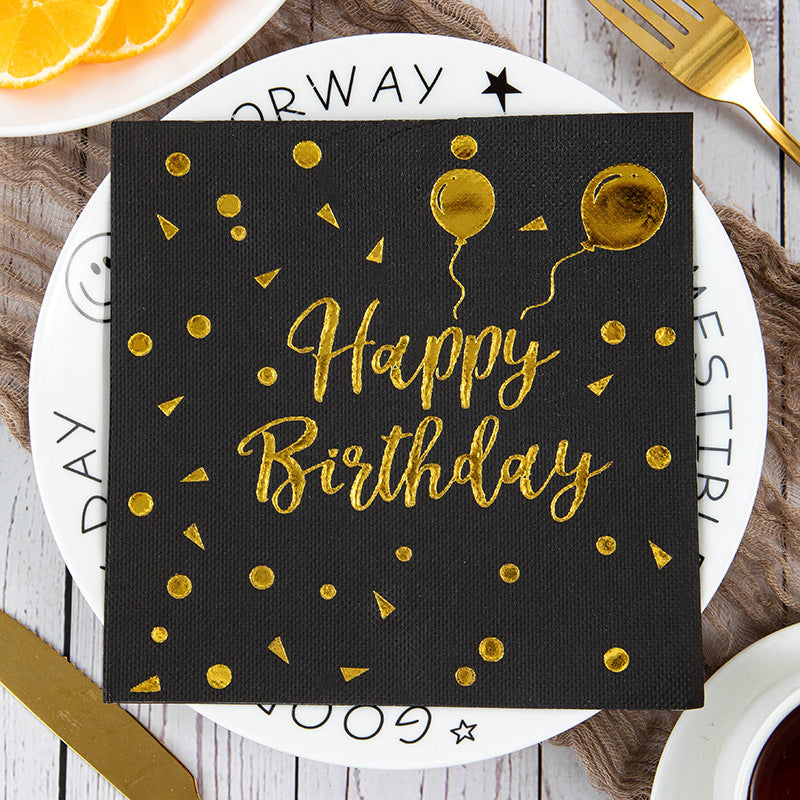 20 Pcs Paper Beverage Napkins 2 Ply Black/Gold with Happy Birthday Foil Print 6.5"x6.5"