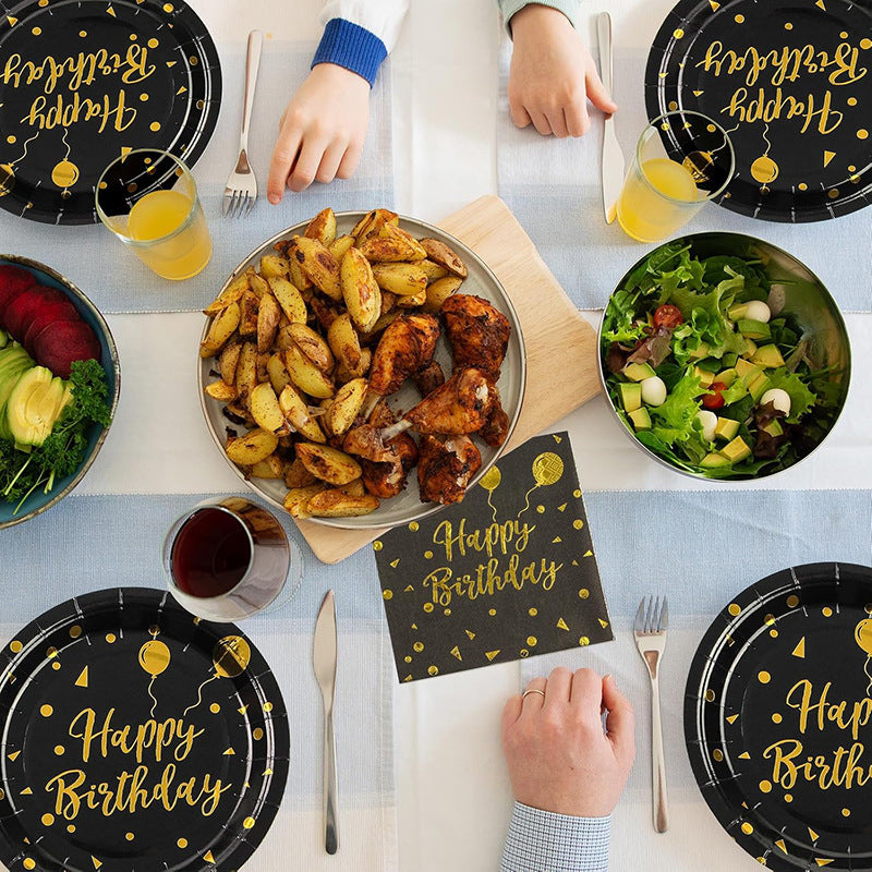 20 Pcs Paper Beverage Napkins 2 Ply Black/Gold with Happy Birthday Foil Print 6.5"x6.5"