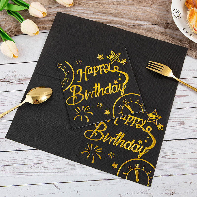 20 Pcs Paper Beverage Napkins 2 Ply Black/Gold with Happy Birthday Foil Print 6.5"x6.5"