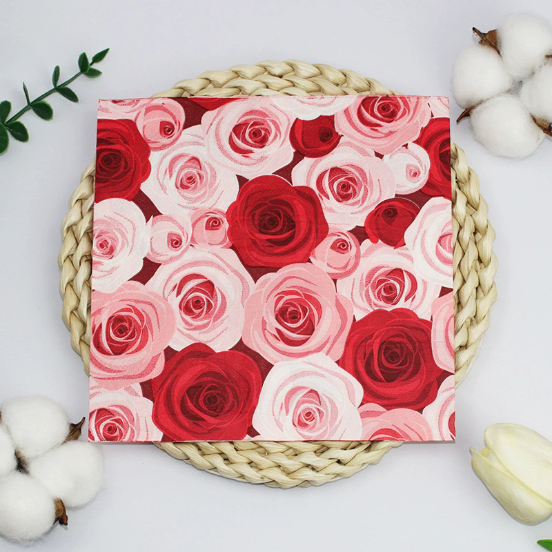 20 Pcs Paper Beverage Napkins 2 Ply Red/Pink with Floral Design 6.5"x6.5"