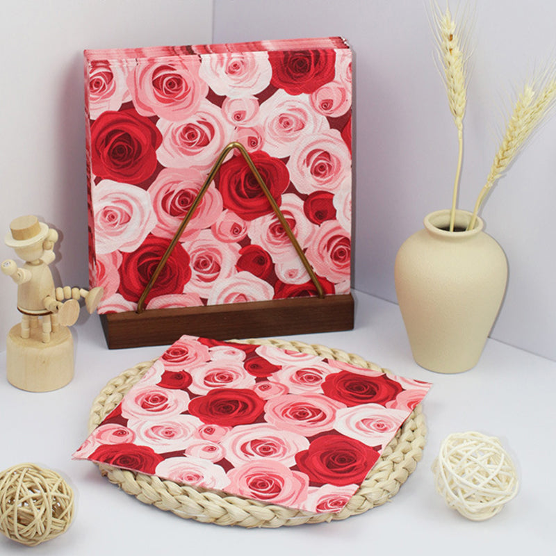 20 Pcs Paper Beverage Napkins 2 Ply Red/Pink with Floral Design 6.5"x6.5"