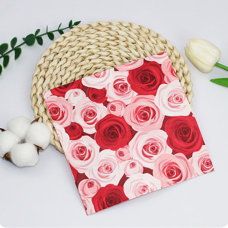 20 Pcs Paper Beverage Napkins 2 Ply Red/Pink with Floral Design 6.5"x6.5"