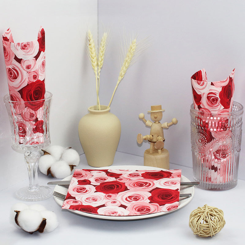 20 Pcs Paper Beverage Napkins 2 Ply Red/Pink with Floral Design 6.5"x6.5"