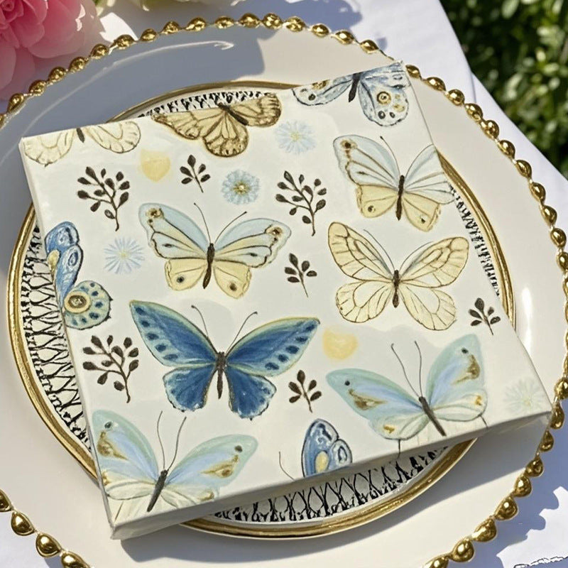 20 Pcs Paper Beverage Napkins 2 Ply Ivory with Field Herbs and Butterfly Print 6.5"x6.5"
