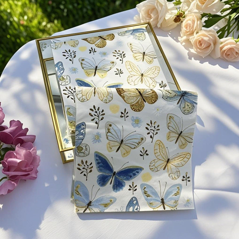 20 Pcs Paper Beverage Napkins 2 Ply Ivory with Field Herbs and Butterfly Print 6.5"x6.5"
