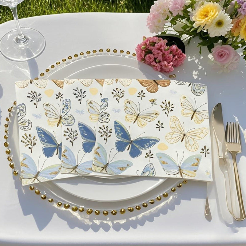 20 Pcs Paper Beverage Napkins 2 Ply Ivory with Field Herbs and Butterfly Print 6.5"x6.5"