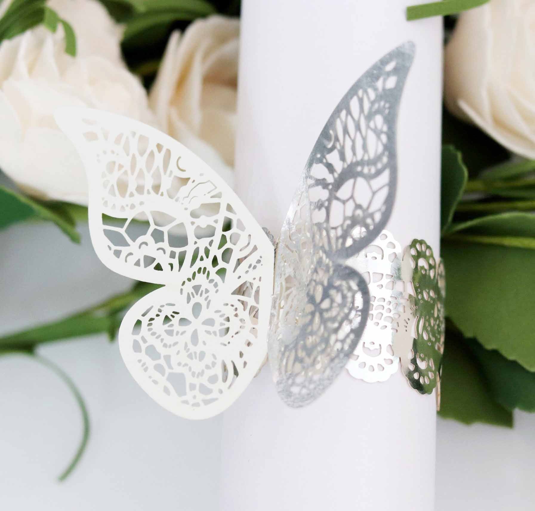 50 Pc Paper Napkin Rings Shimmery Butterfly Laser Cut Mirror Silver