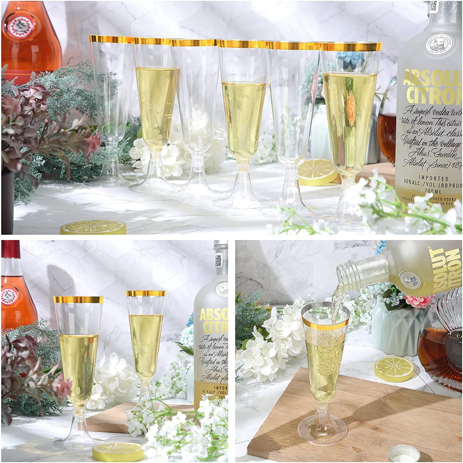 12 Pcs Plastic Champagne Flutes 5oz Clear with Gold Rim