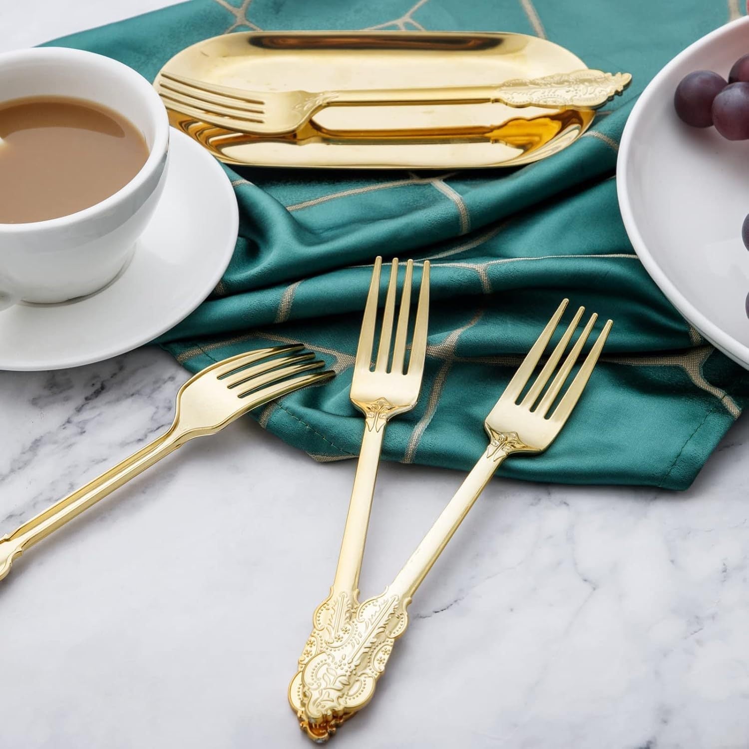 24 Pc Plastic Forks 8" Metallic Gold Baroque Style