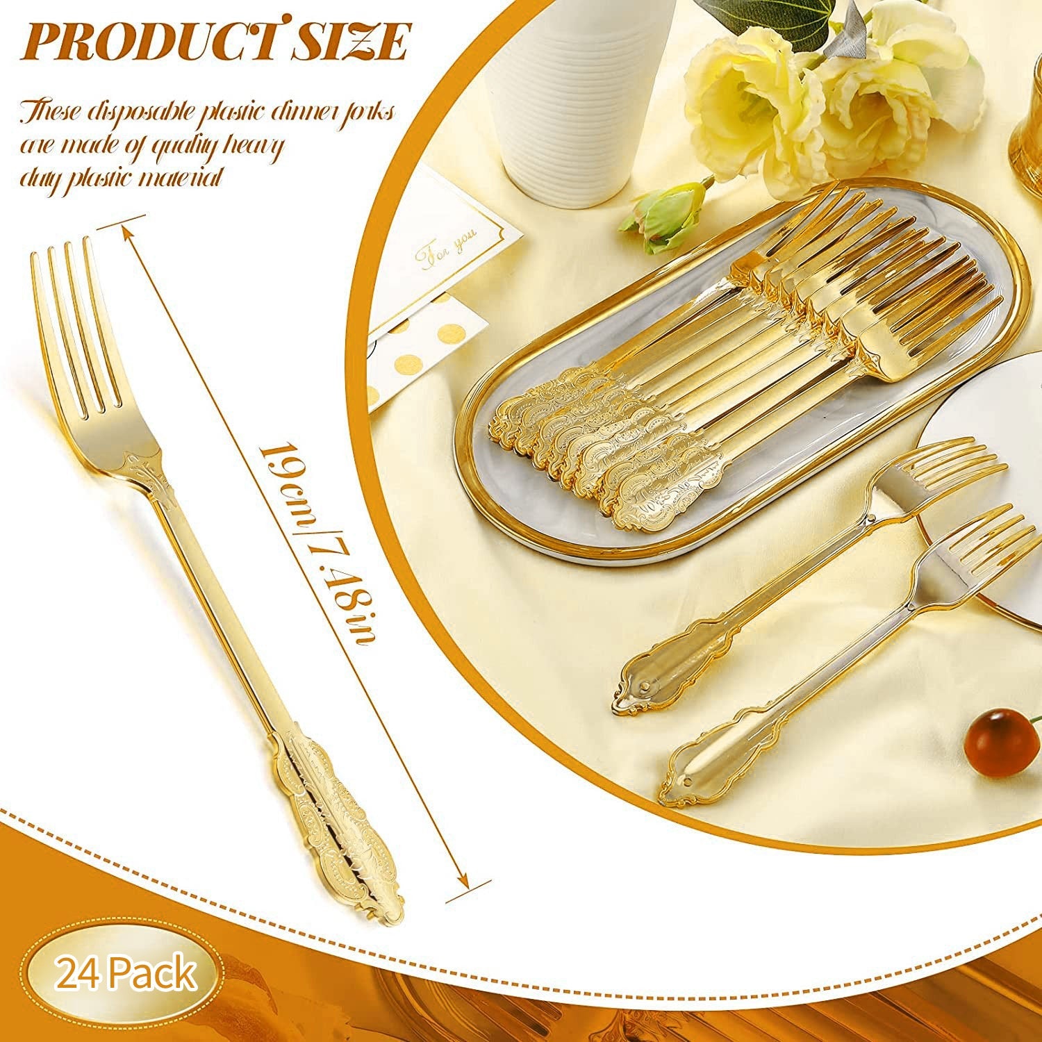 24 Pc Plastic Forks 8" Metallic Gold Baroque Style