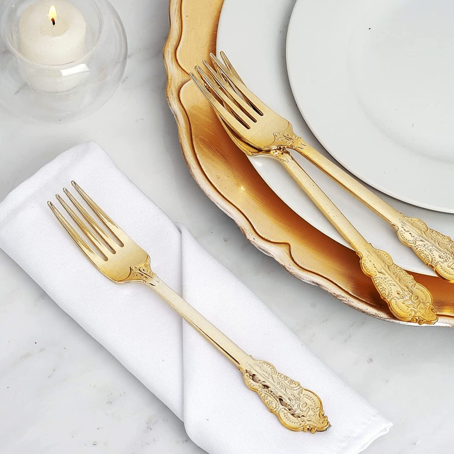 24 Pc Plastic Forks 8" Metallic Gold Baroque Style