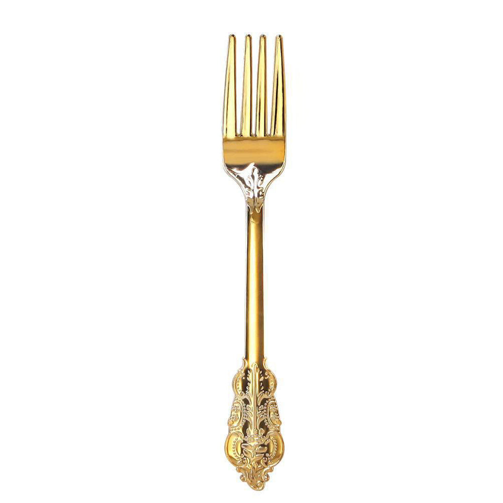 24 Pc Plastic Forks 8" Metallic Gold Baroque Style