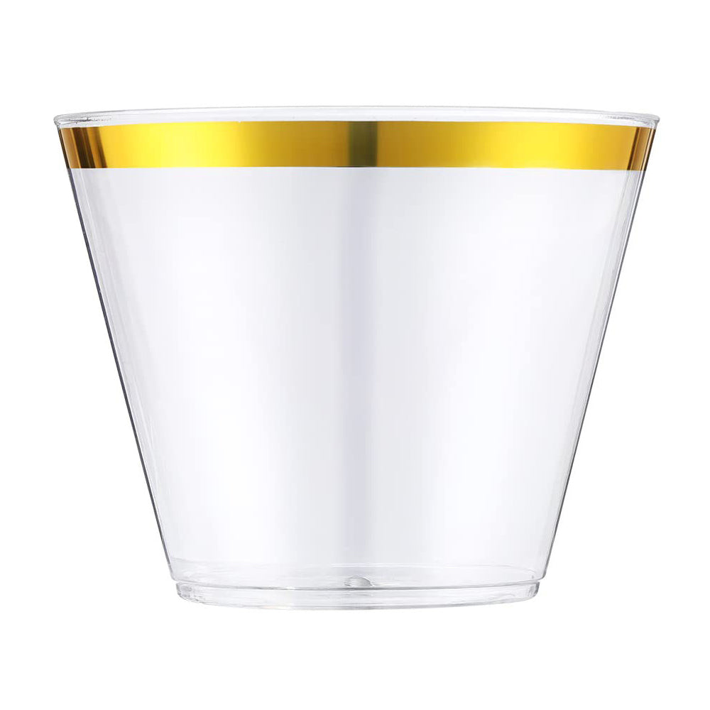 25 Pcs Plastic Party Cups 9oz Clear Crystal with Gold Rim