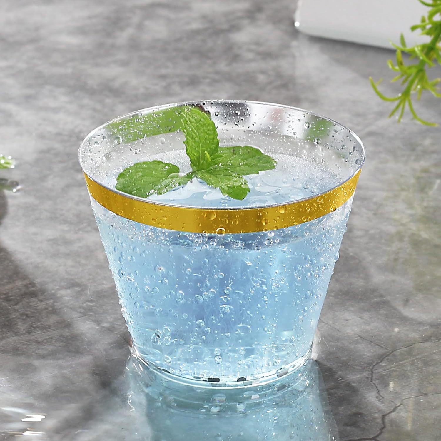 25 Pcs Plastic Party Cups 9oz Clear Crystal with Gold Rim