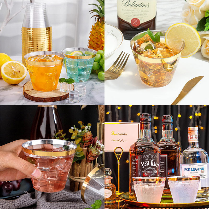 25 Pcs Plastic Party Cups 9oz Clear Crystal with Gold Rim