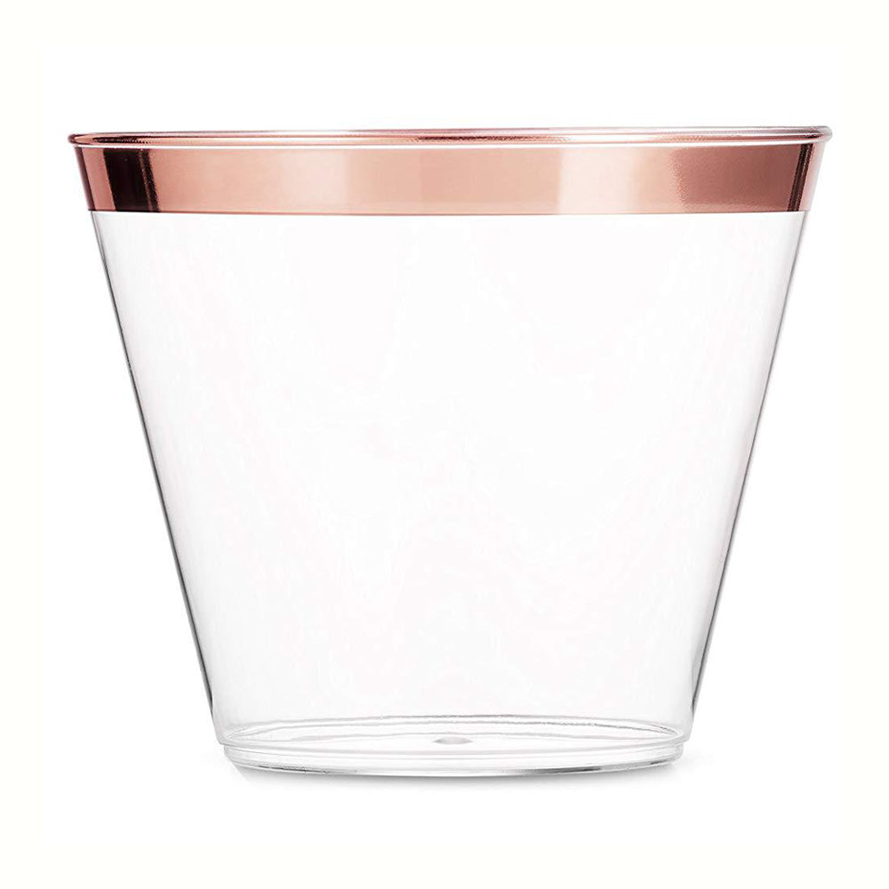 25 Pcs Plastic Party Cups 9oz Clear Crystal with Rose Gold Rim