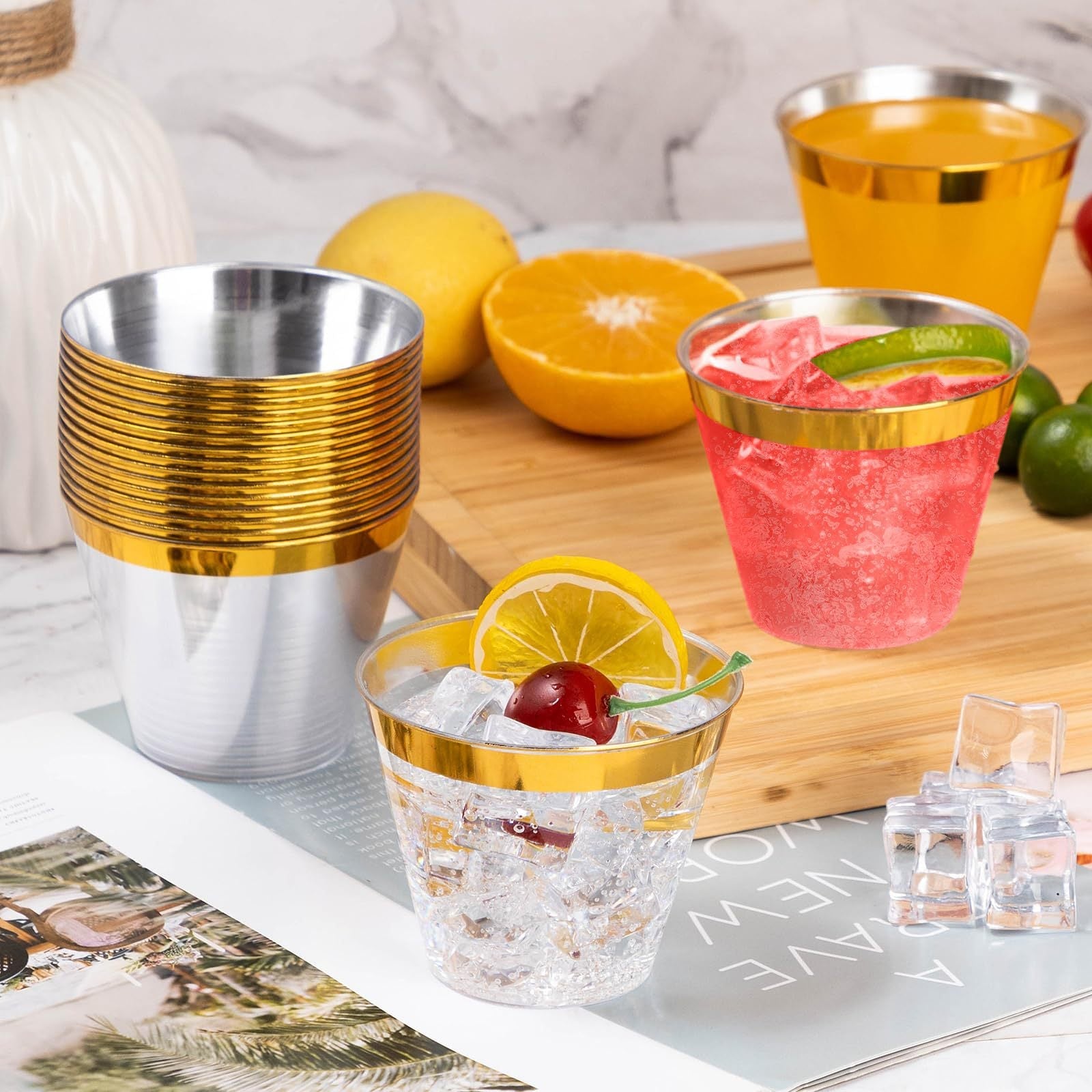 25 Pcs Plastic Party Cups 9oz Clear Crystal with Gold Rim