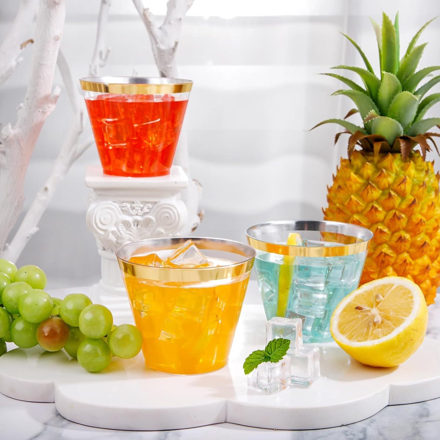 25 Pcs Plastic Party Cups 9oz Clear Crystal with Gold Rim