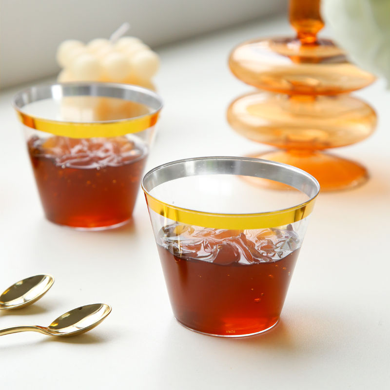 25 Pcs Plastic Party Cups 9oz Clear Crystal with Gold Rim
