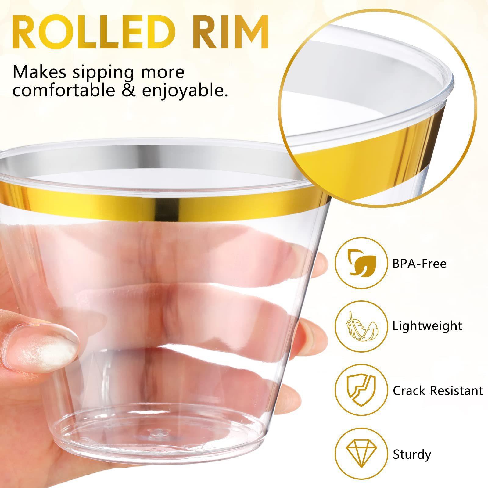 25 Pcs Plastic Party Cups 9oz Clear Crystal with Gold Rim