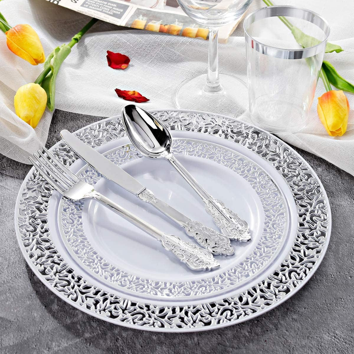 24 Pcs Plastic Silverware Set Metallic Silver in Baroque Style
