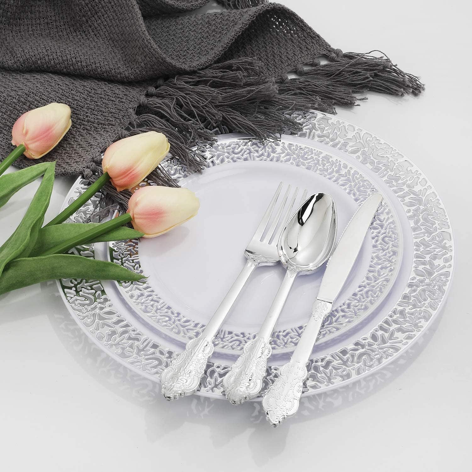 24 Pcs Plastic Silverware Set Metallic Silver in Baroque Style