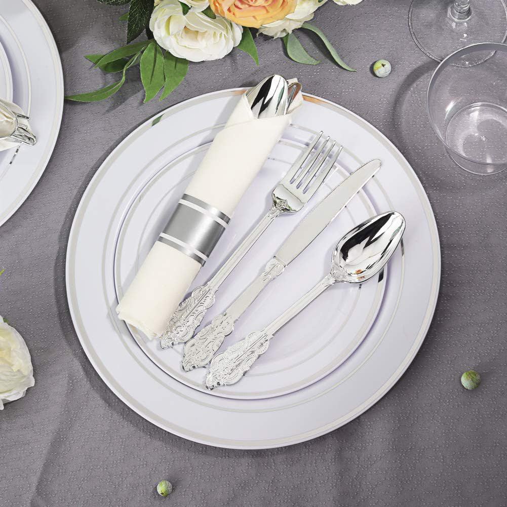 24 Pcs Plastic Silverware Set Metallic Silver in Baroque Style