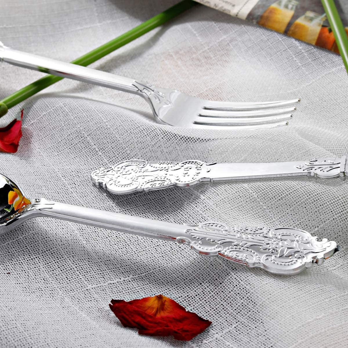 24 Pcs Plastic Silverware Set Metallic Silver in Baroque Style