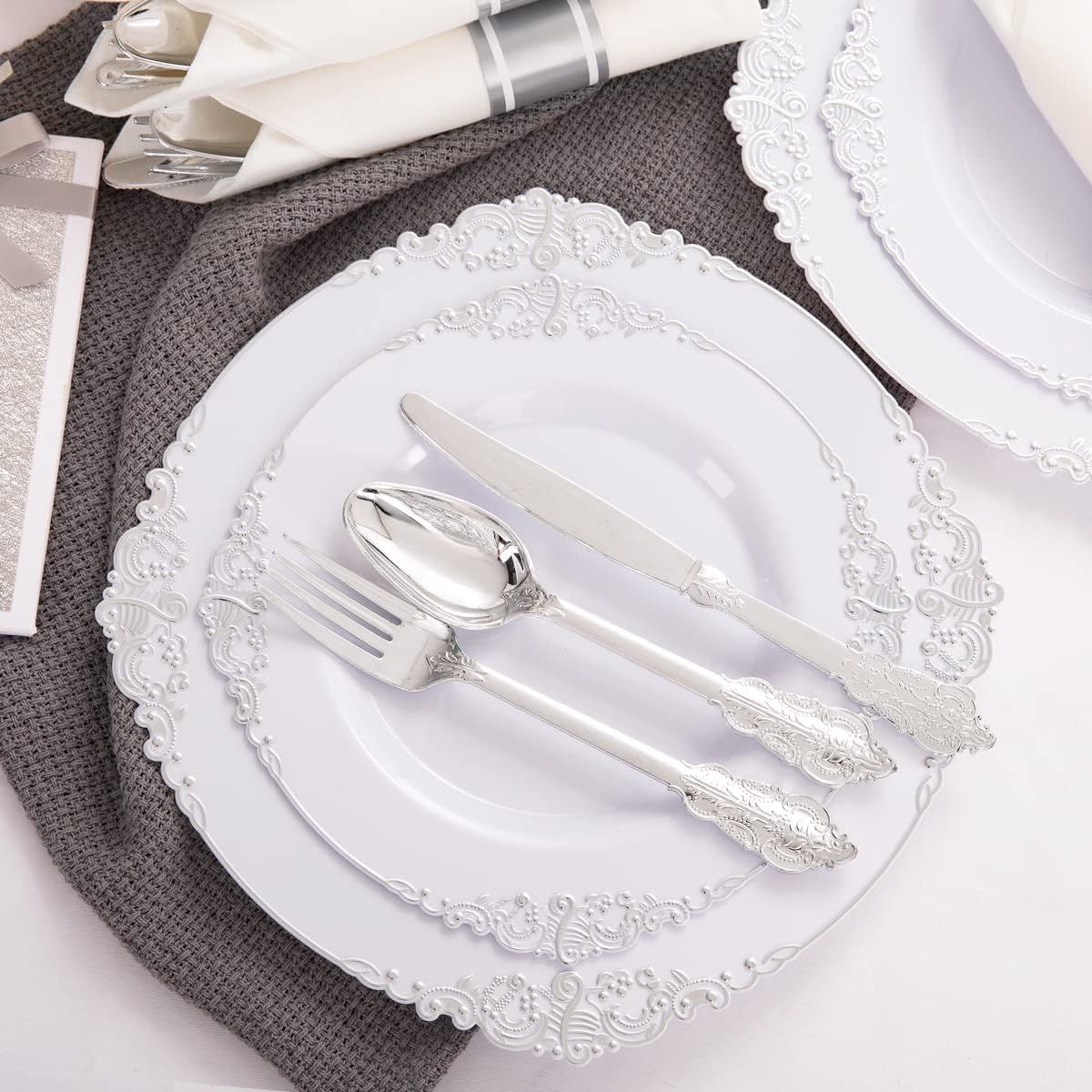 24 Pcs Plastic Silverware Set Metallic Silver in Baroque Style