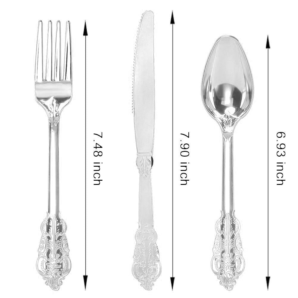 24 Pcs Plastic Silverware Set Metallic Silver in Baroque Style