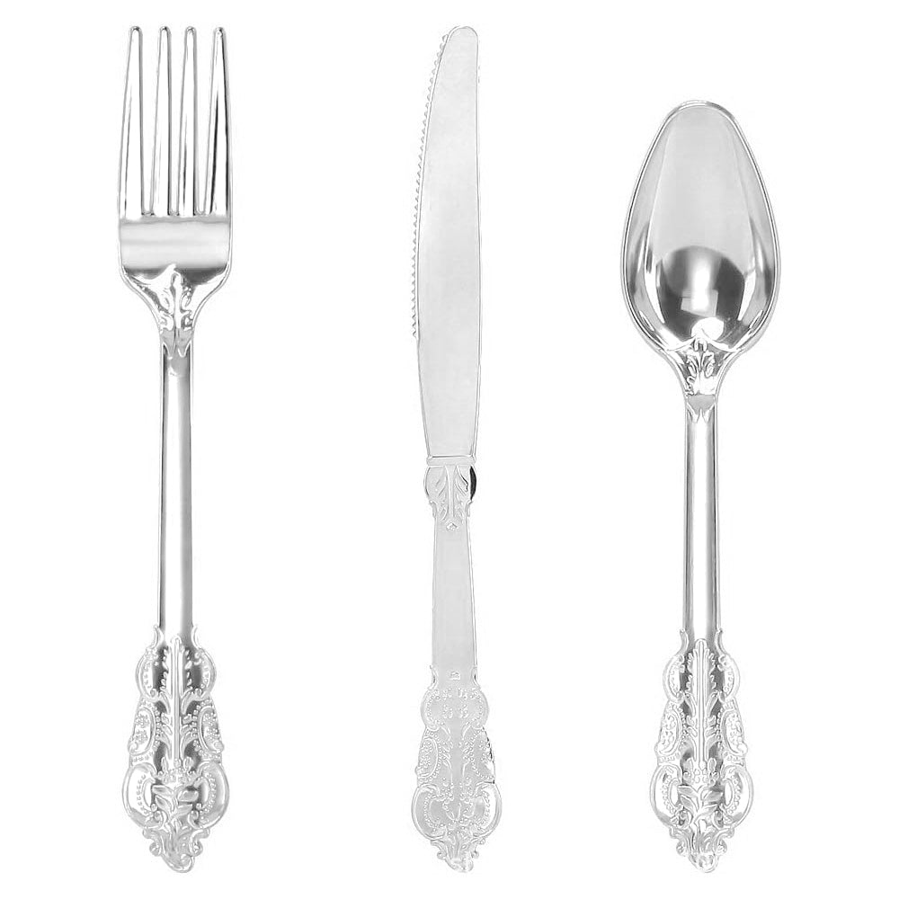 24 Pcs Plastic Silverware Set Metallic Silver in Baroque Style
