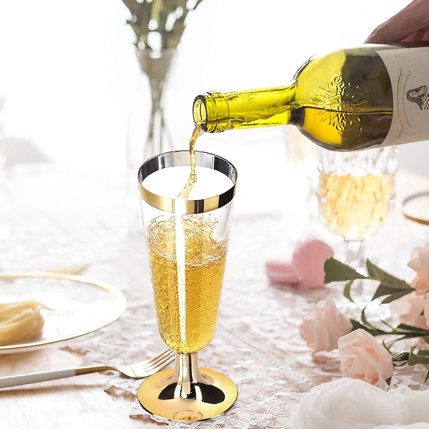 12 Pcs Plastic Champagne Flutes 5oz Clear with Gold Rim and Base