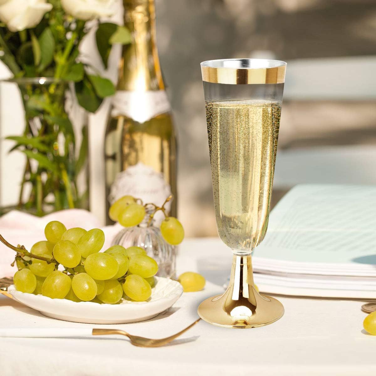 12 Pcs Plastic Champagne Flutes 5oz Clear with Gold Rim and Base