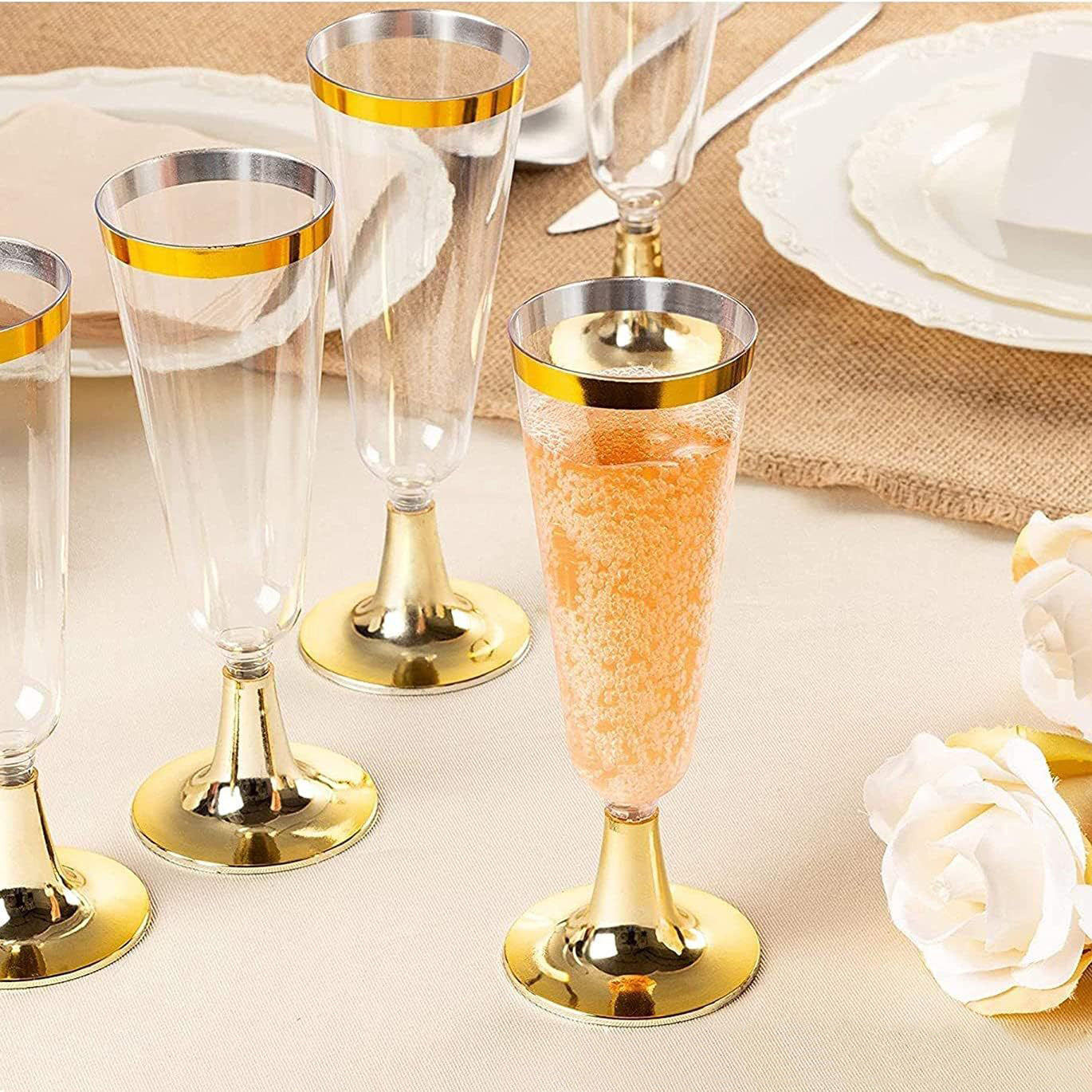 12 Pcs Plastic Champagne Flutes 5oz Clear with Gold Rim and Base