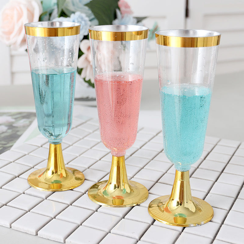 12 Pcs Plastic Champagne Flutes 5oz Clear with Gold Rim and Base