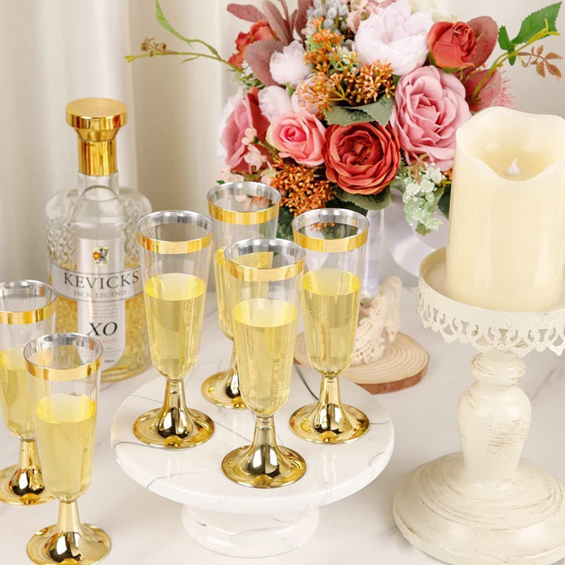 12 Pcs Plastic Champagne Flutes 5oz Clear with Gold Rim and Base