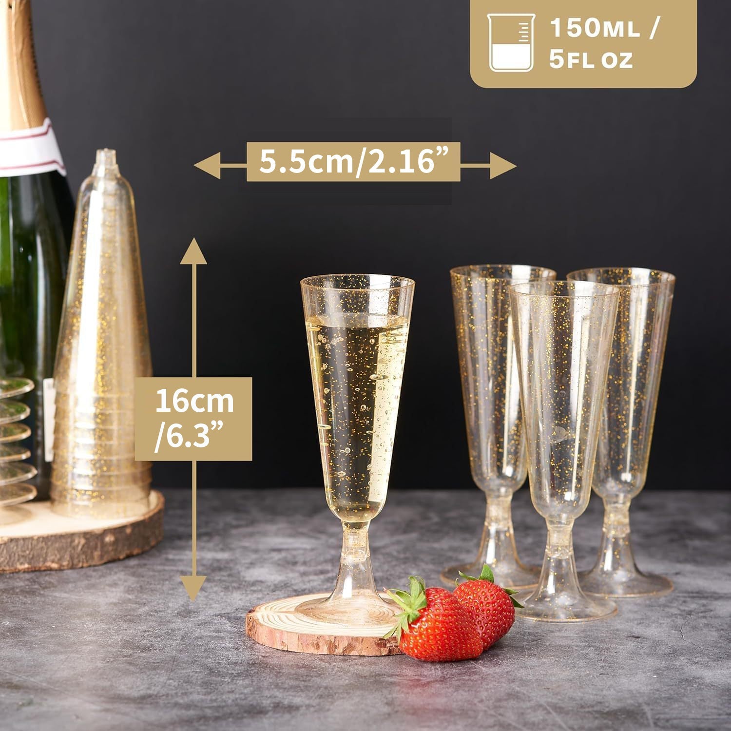 12 Pcs Plastic Champagne Glasses 5oz Gold Glittered Short Stem