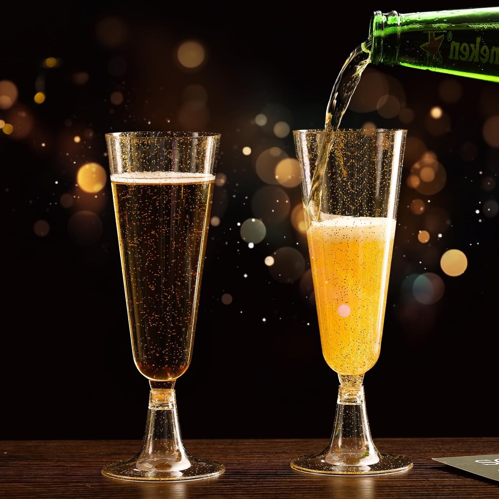 12 Pcs Plastic Champagne Glasses 5oz Gold Glittered Short Stem