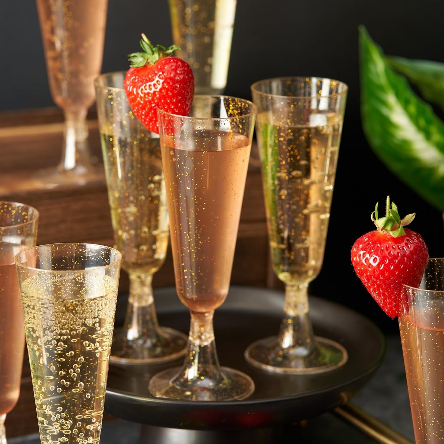 12 Pcs Plastic Champagne Glasses 5oz Gold Glittered Short Stem