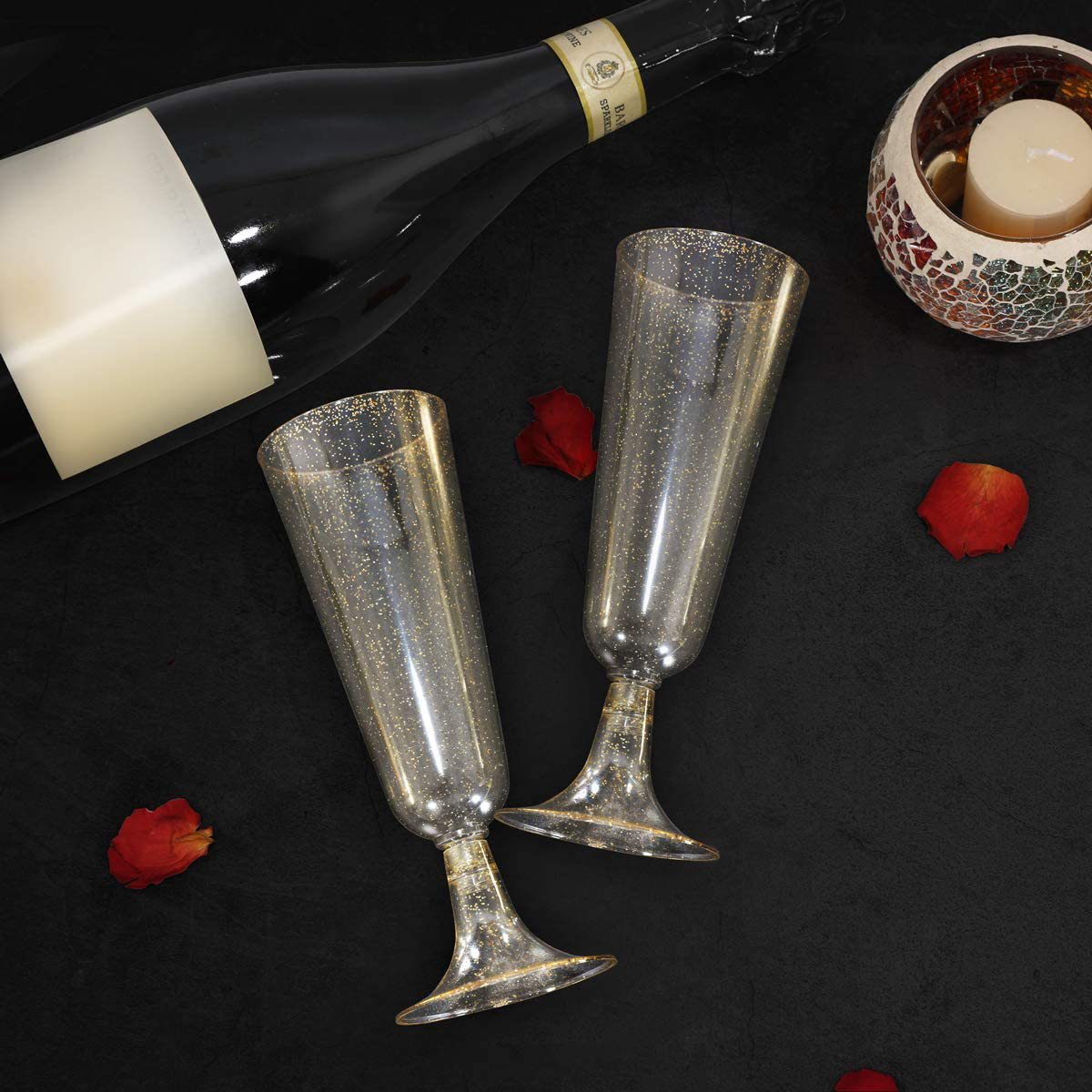 12 Pcs Plastic Champagne Glasses 5oz Gold Glittered Short Stem