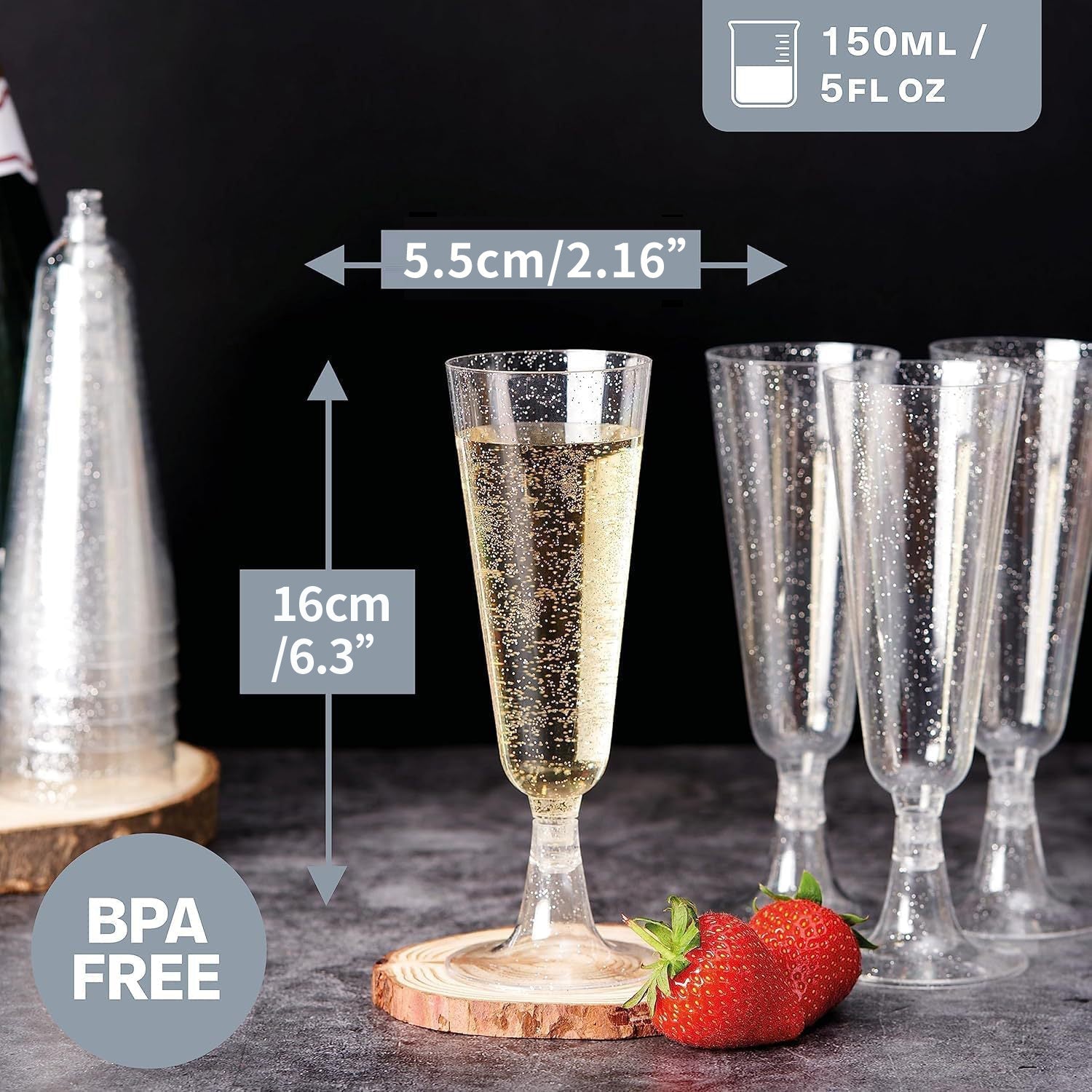 12 Pcs Plastic Champagne Glasses 5oz Silver Glittered Short Stem