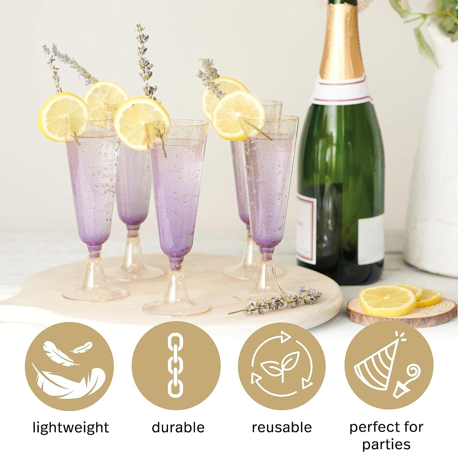 12 Pcs Plastic Champagne Glasses 5oz Gold Glittered Short Stem