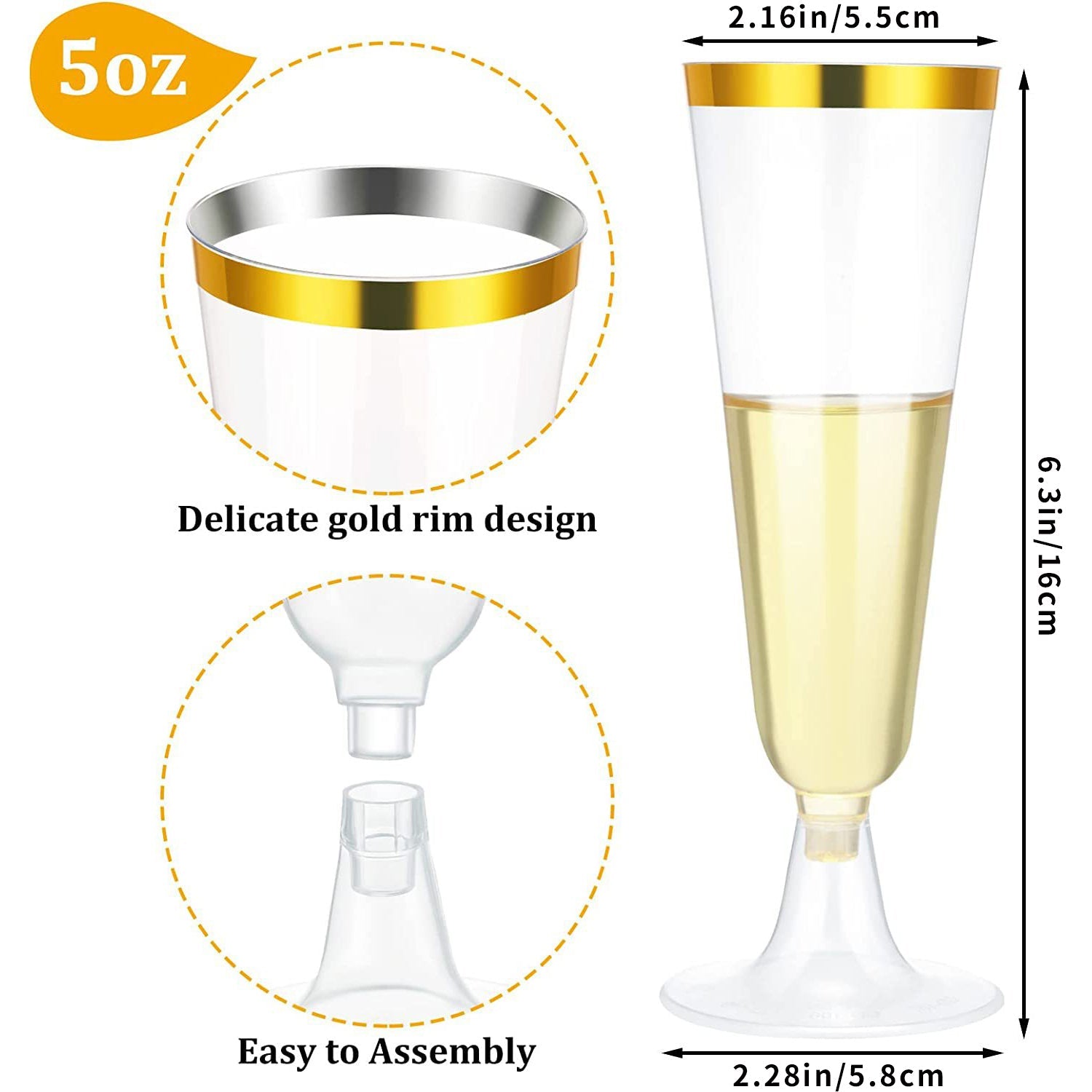 12 Pcs Plastic Champagne Flutes 5oz Clear with Gold Rim
