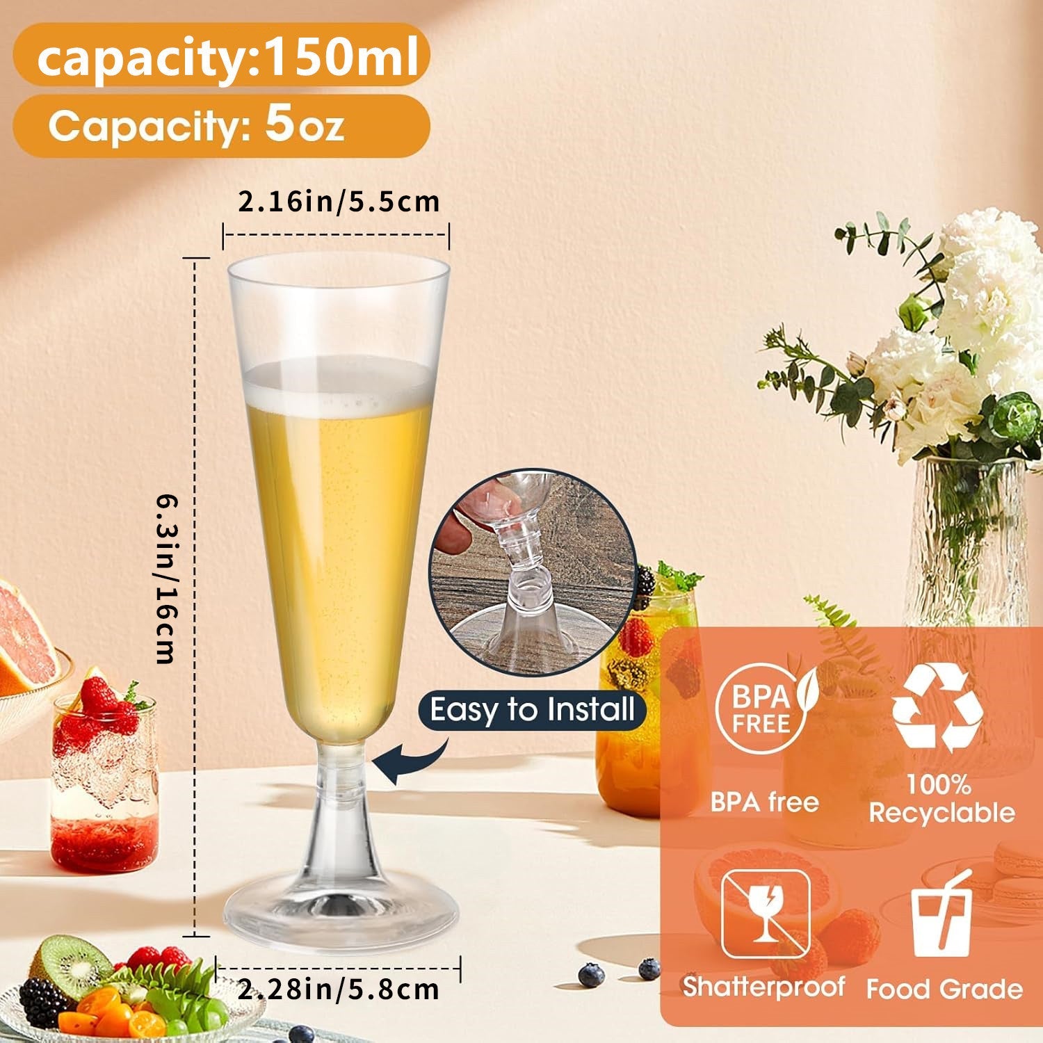12 Pcs Plastic Champagne Glasses 5oz Clear