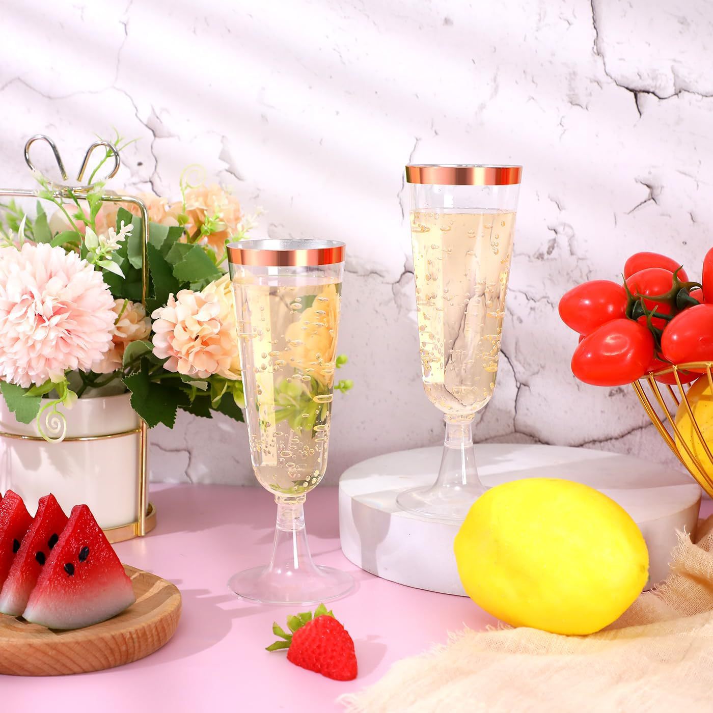 12 Pcs Plastic Champagne Flutes 5oz Clear with Rose Gold Rim