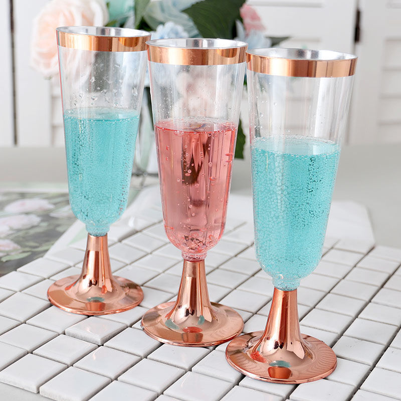 12 Pcs Plastic Champagne Flutes 5oz Clear with Rose Gold Rim and Base