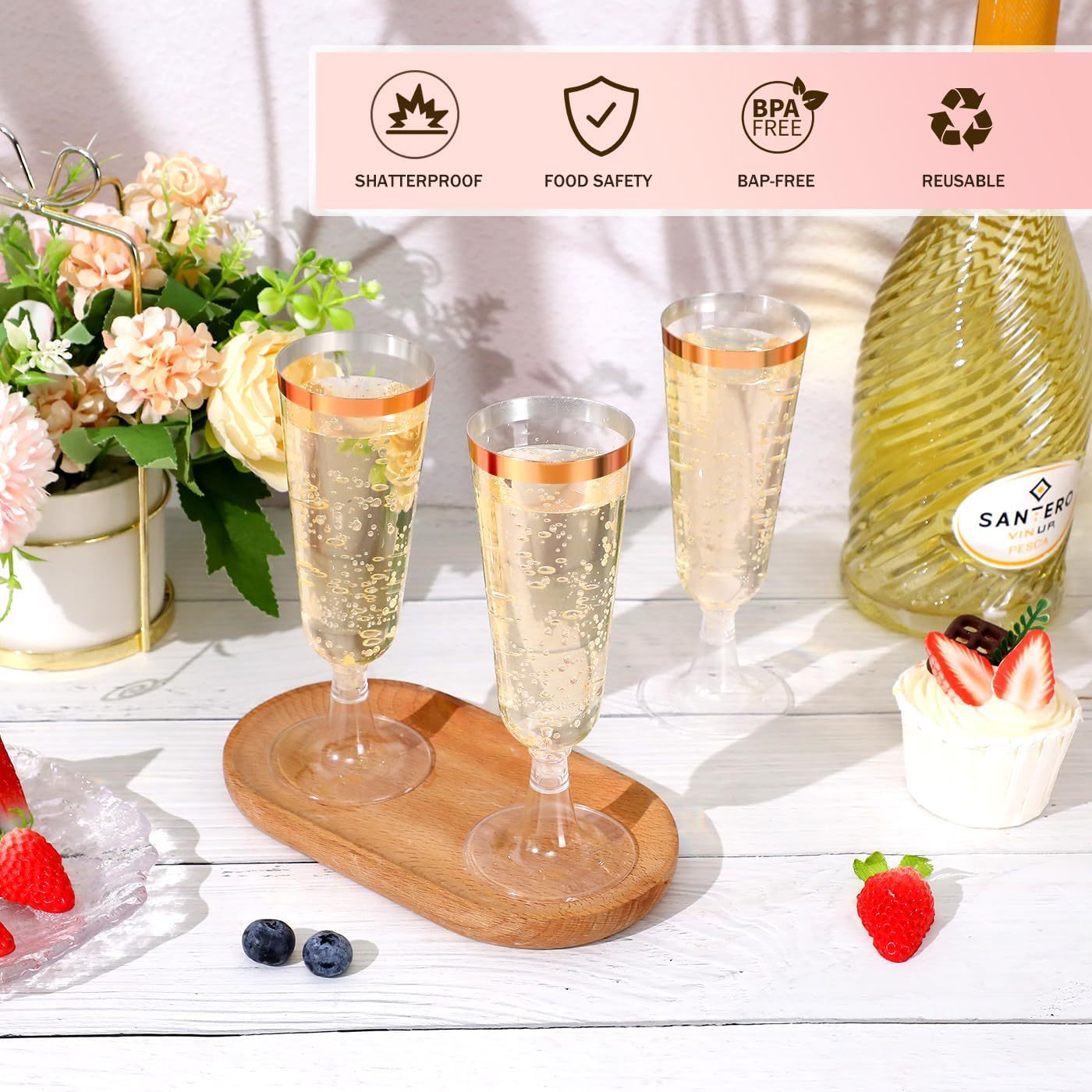 12 Pcs Plastic Champagne Flutes 5oz Clear with Rose Gold Rim
