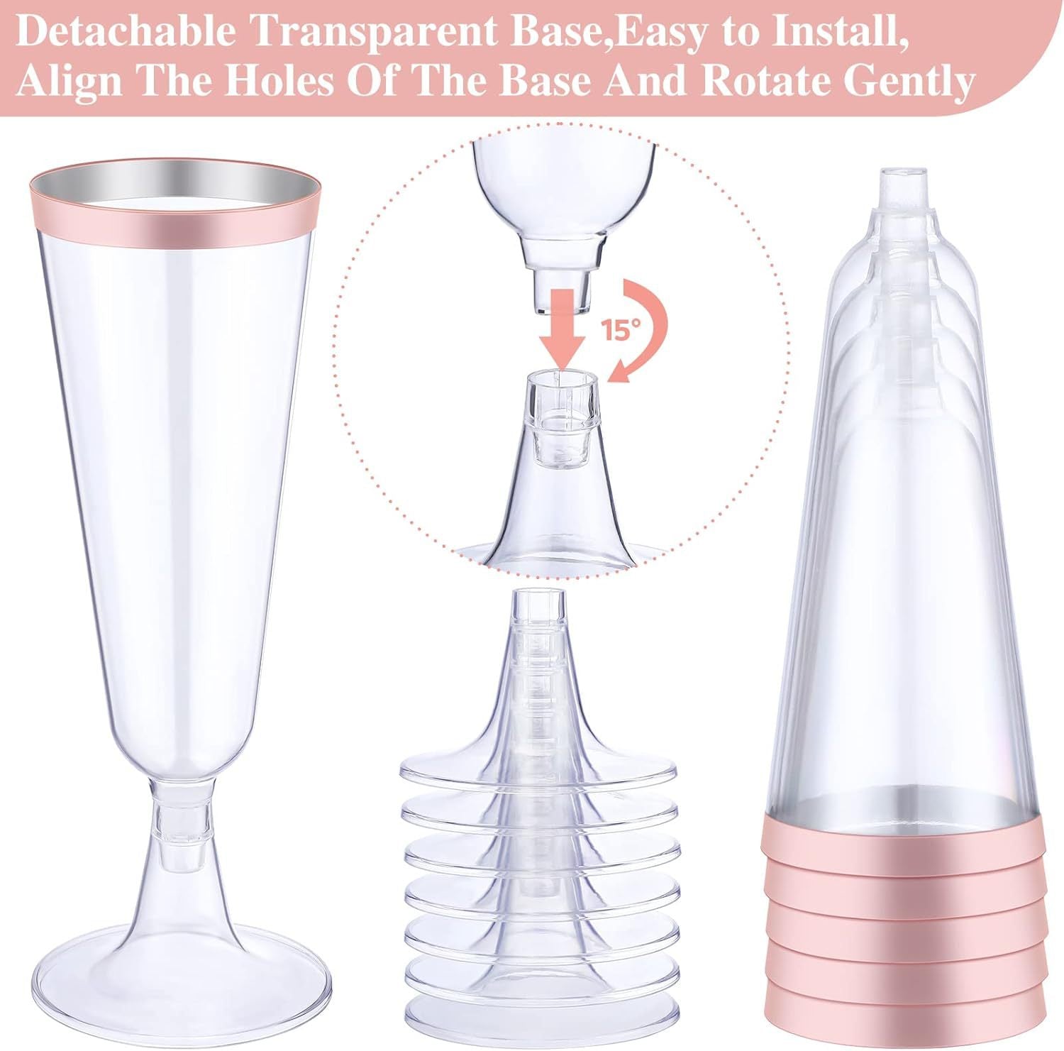 12 Pcs Plastic Champagne Flutes 5oz Clear with Rose Gold Rim